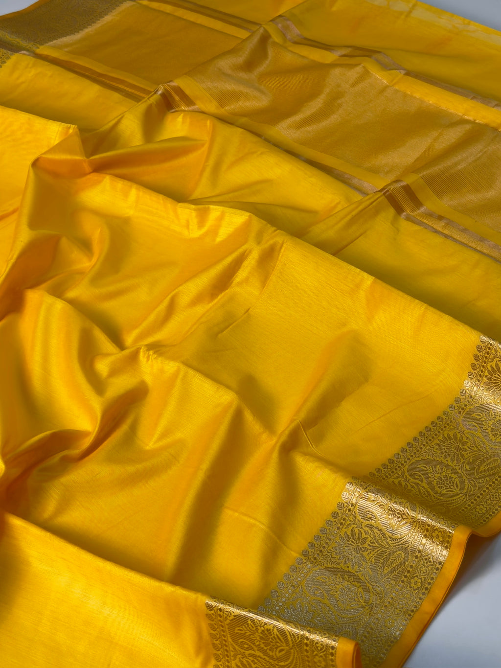 Mustard Yellow Chanderi Cotton Silk Saree with Zari Border