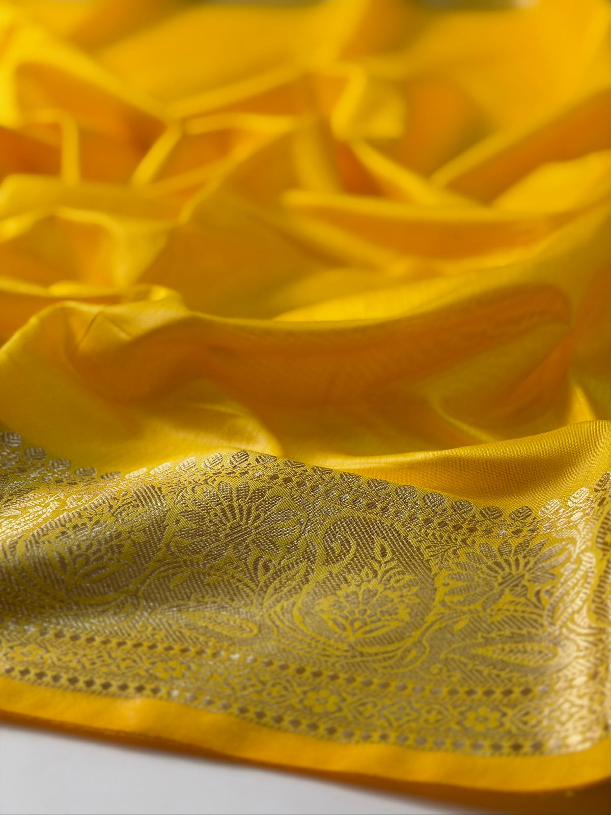 Mustard Yellow Chanderi Cotton Silk Saree with Zari Border