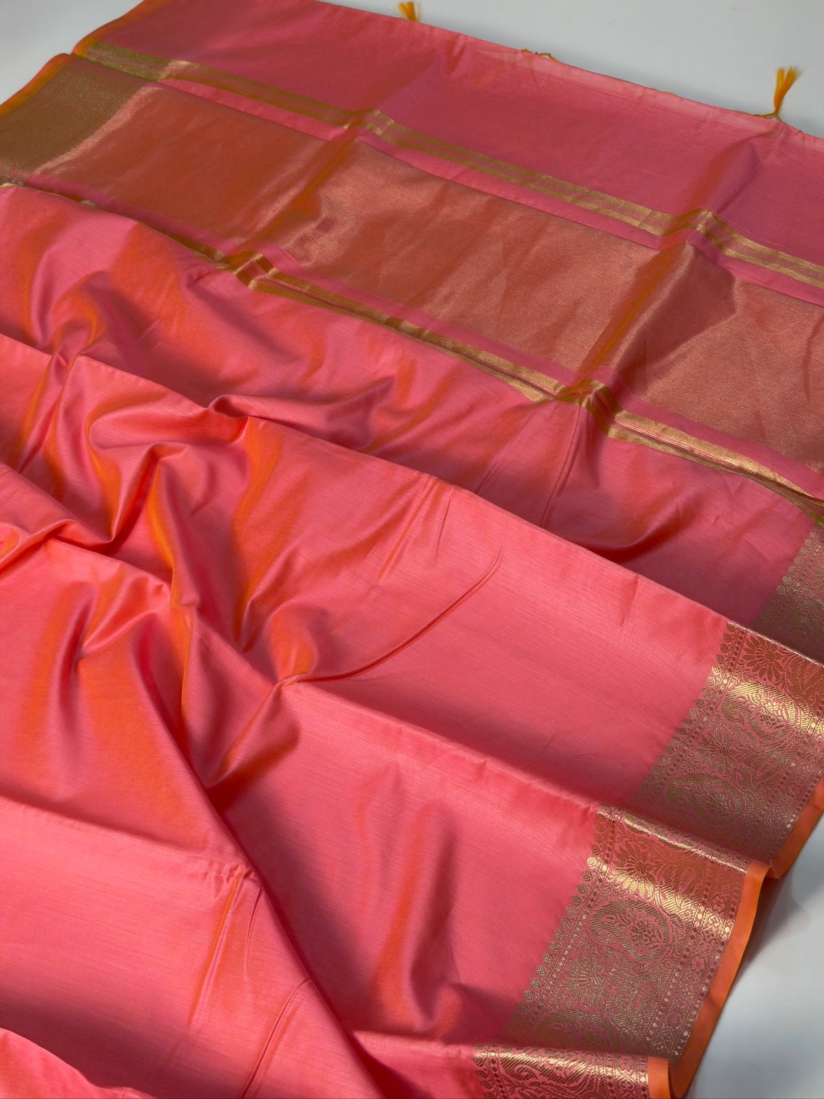 Coral Pink Chanderi Cotton Silk Saree with Zari Border