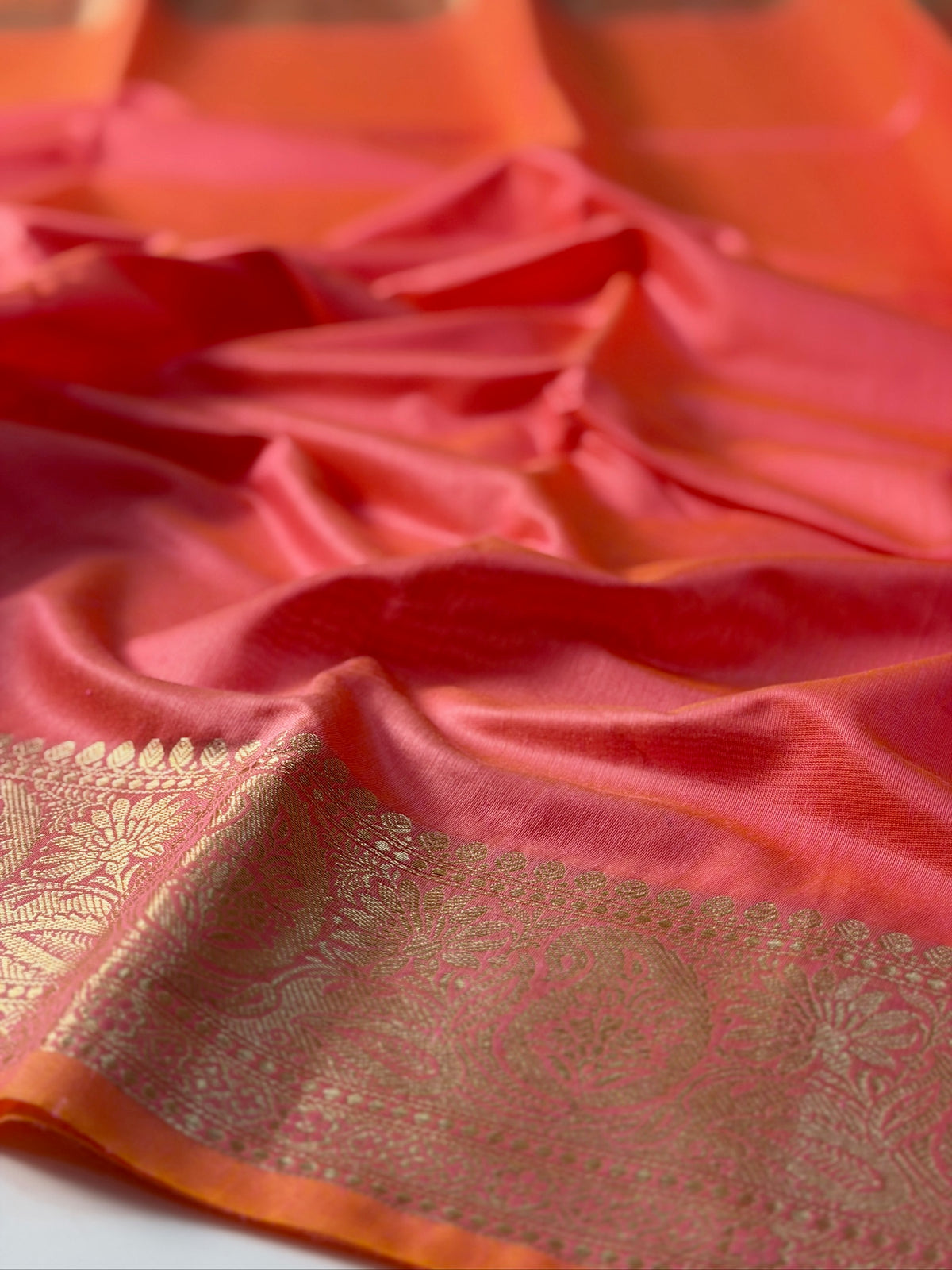 Coral Pink Chanderi Cotton Silk Saree with Zari Border