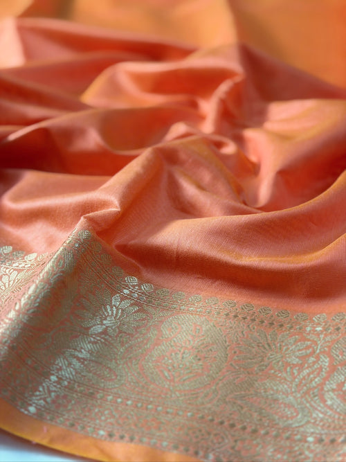 Coral Orange Chanderi Cotton Silk Saree with Zari Border