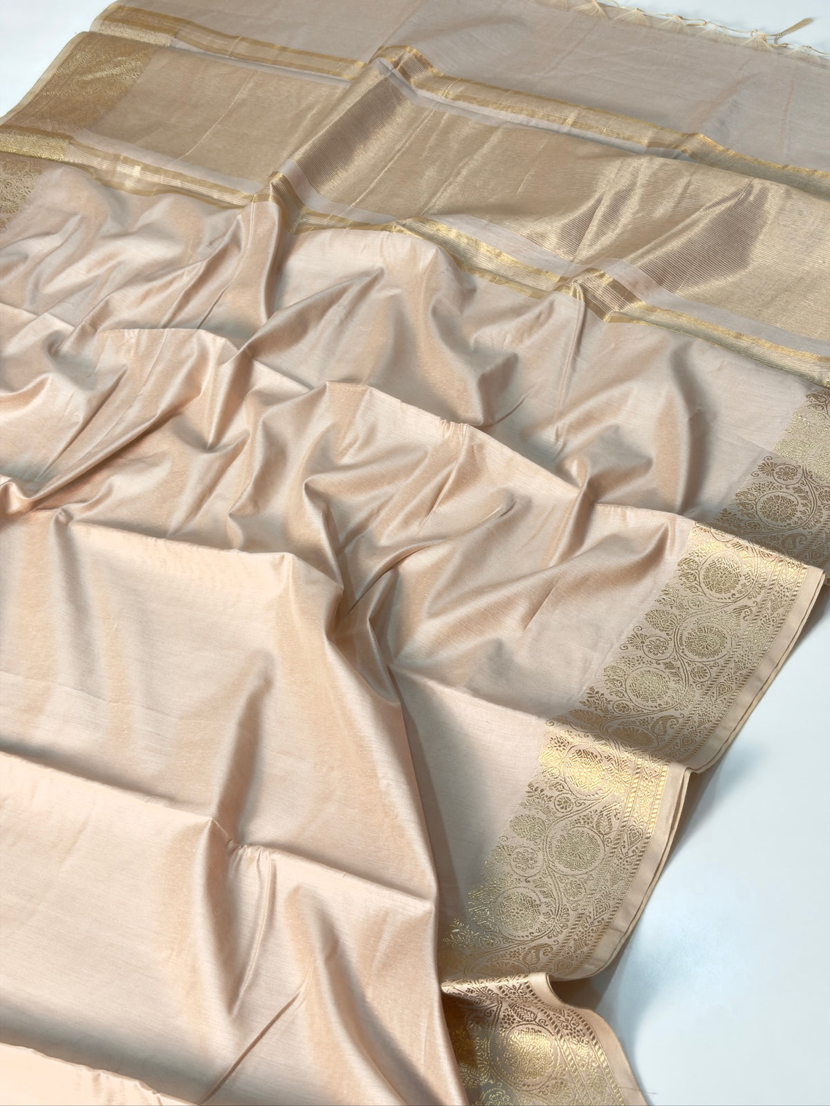 Ivory Beige Chanderi Cotton Silk Saree with Zari Border
