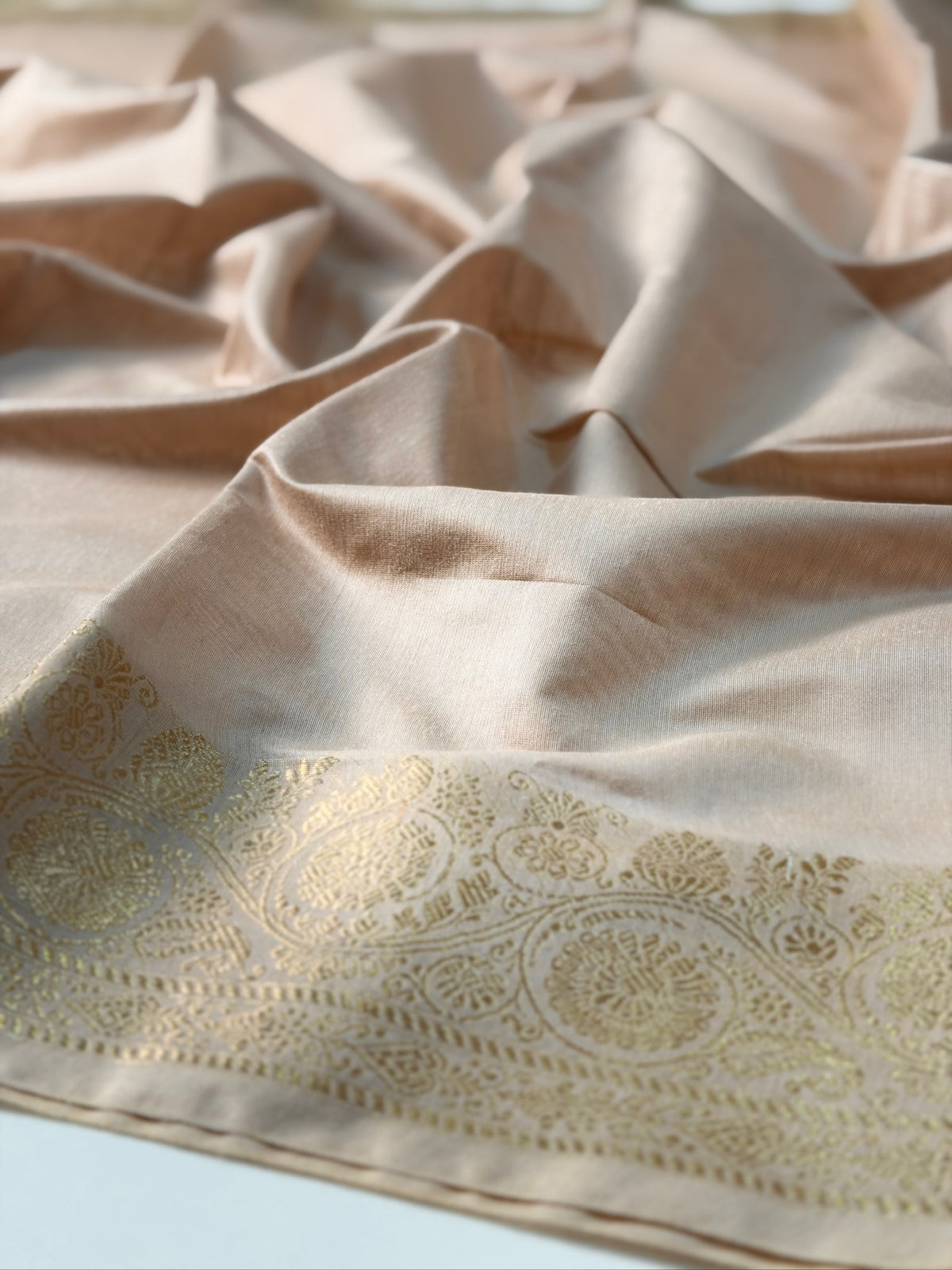 Ivory Beige Chanderi Cotton Silk Saree with Zari Border
