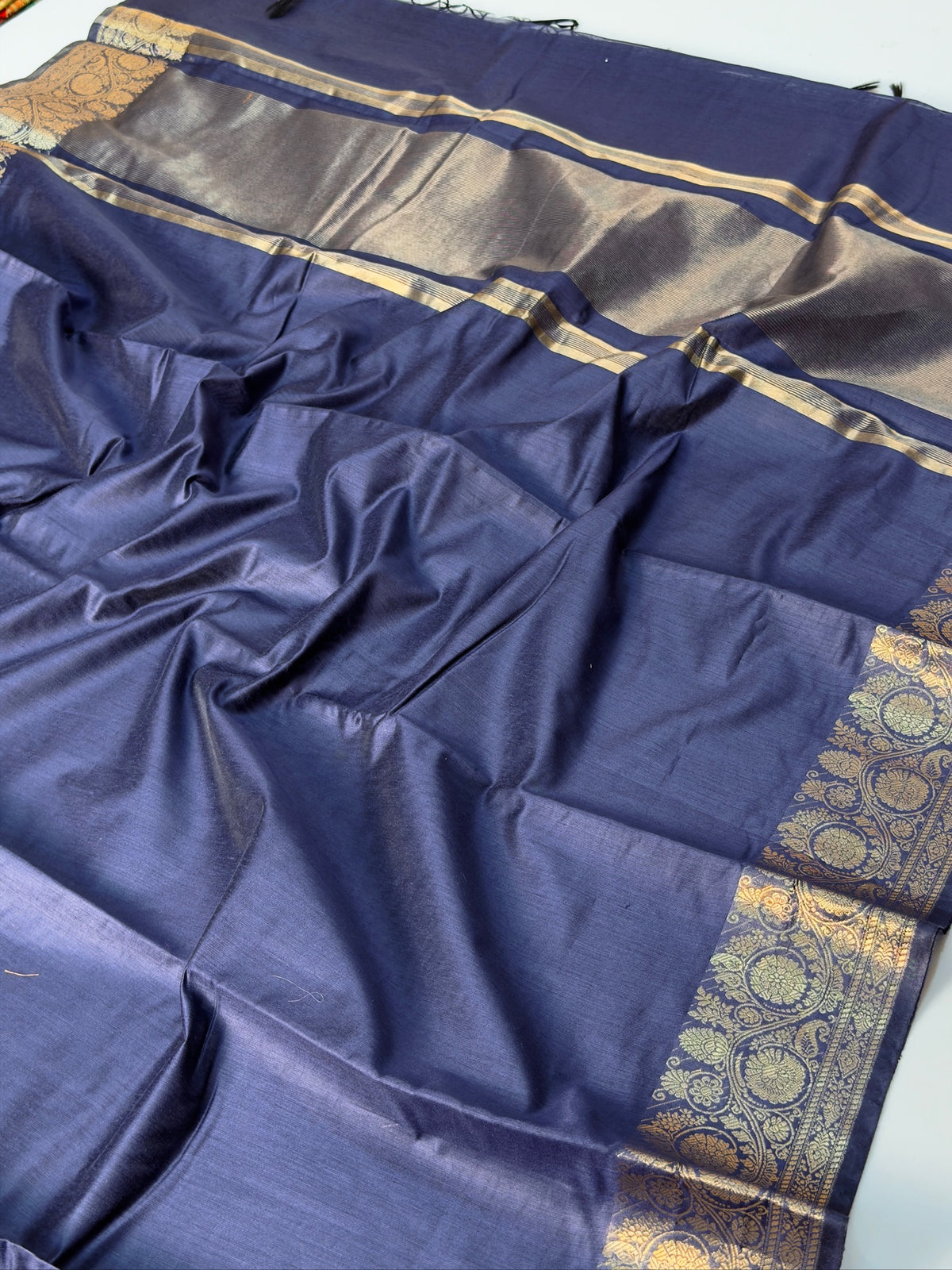 Steel Blue Chanderi Cotton Silk Saree with Zari Border