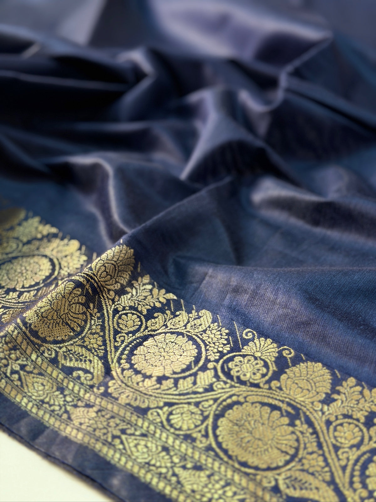 Steel Blue Chanderi Cotton Silk Saree with Zari Border