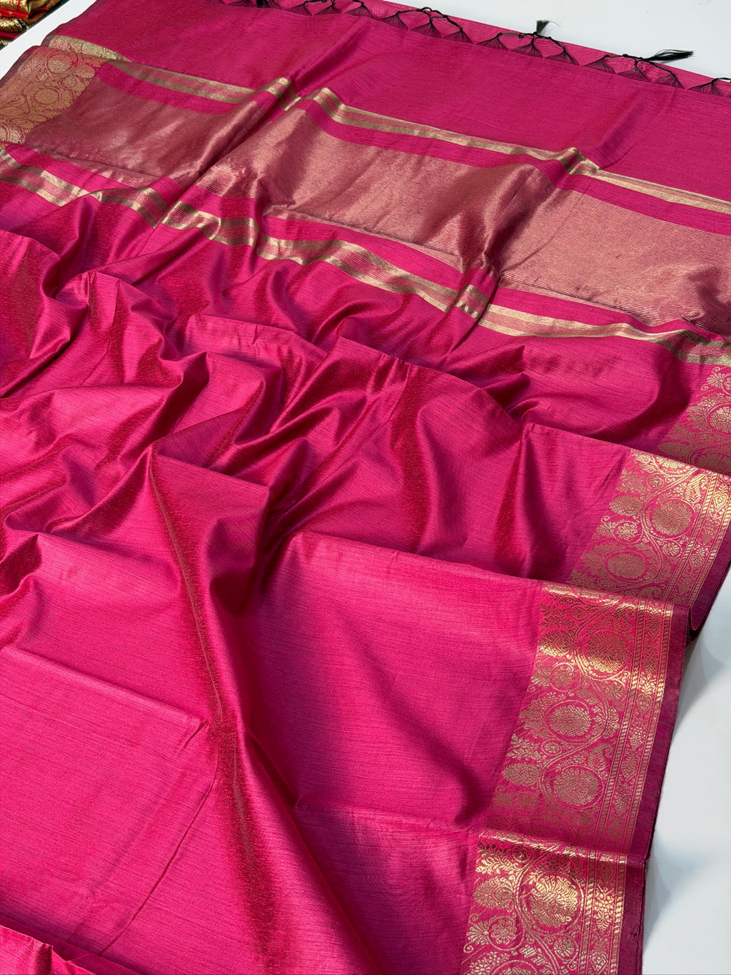 Rani Pink Chanderi Cotton Silk Saree with Zari Border