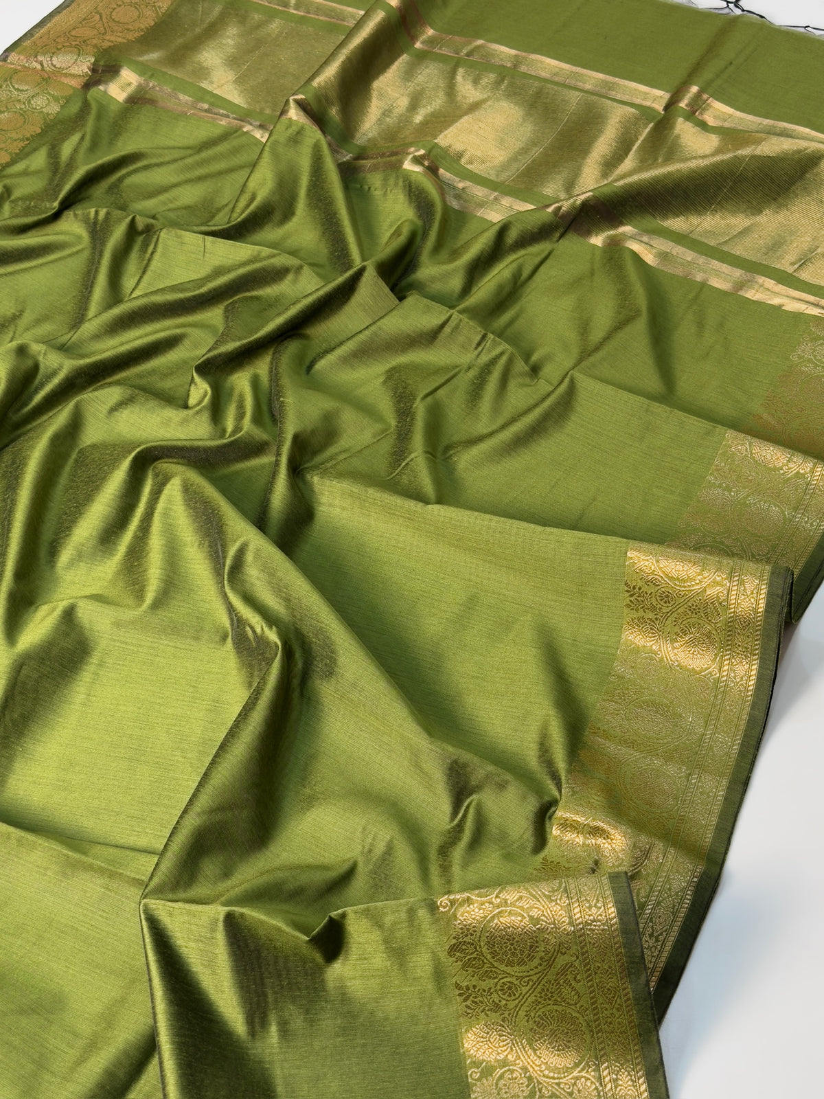 Olive Green Chanderi Cotton Silk Saree with Zari Border