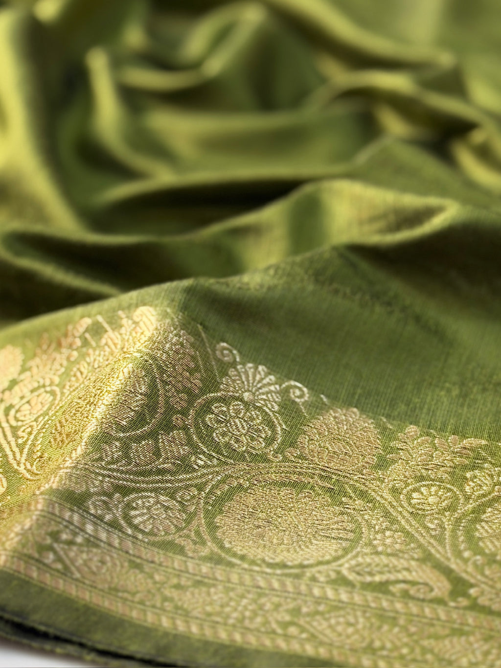 Olive Green Chanderi Cotton Silk Saree with Zari Border