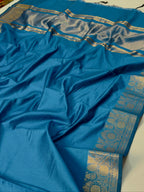 Sky Blue Chanderi Cotton Silk Saree with Zari Border