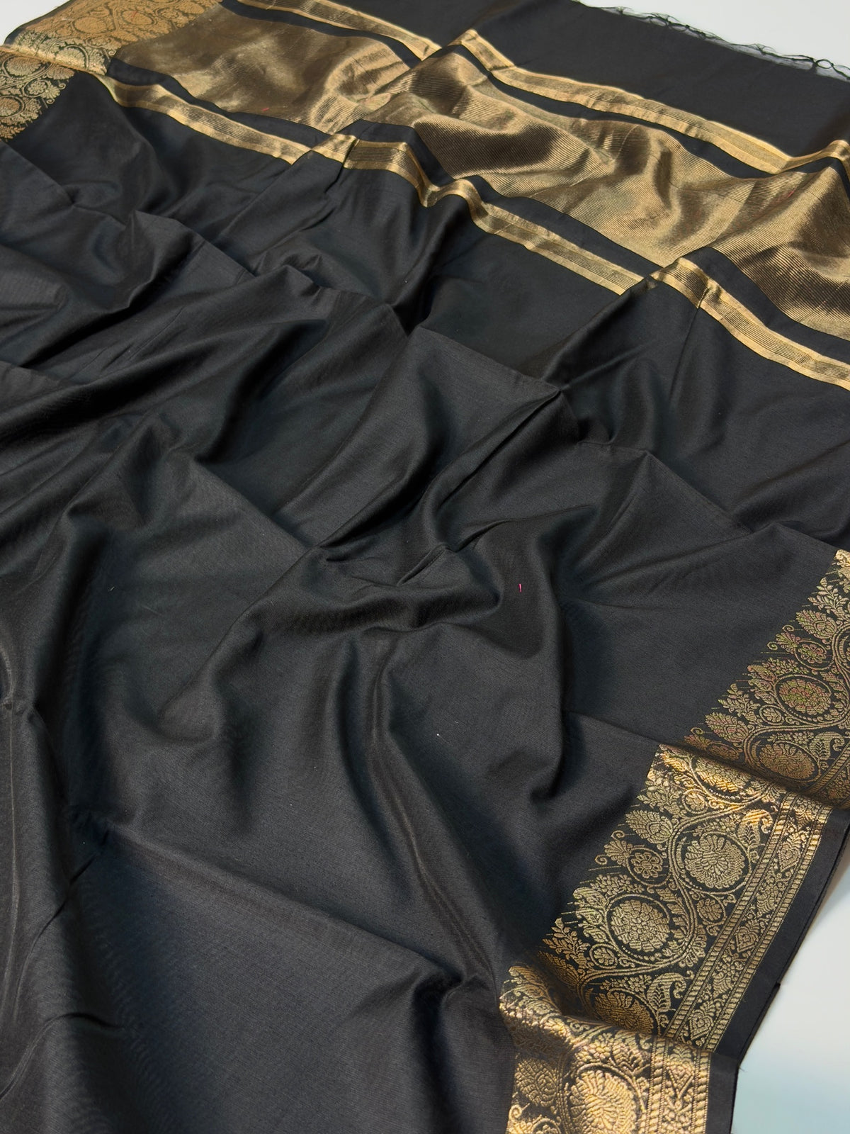 Black Chanderi Cotton Silk Saree with Zari Border
