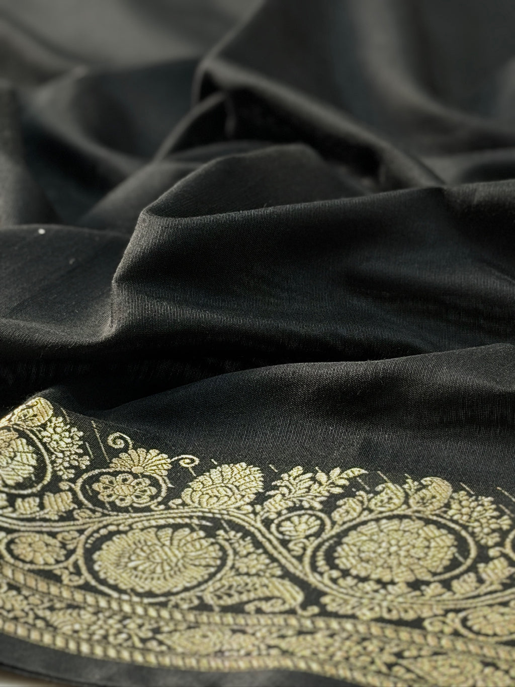 Black Chanderi Cotton Silk Saree with Zari Border