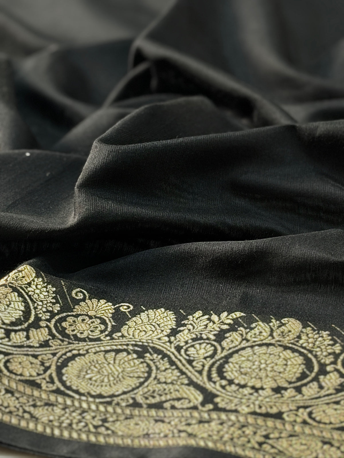 Black Chanderi Cotton Silk Saree with Zari Border