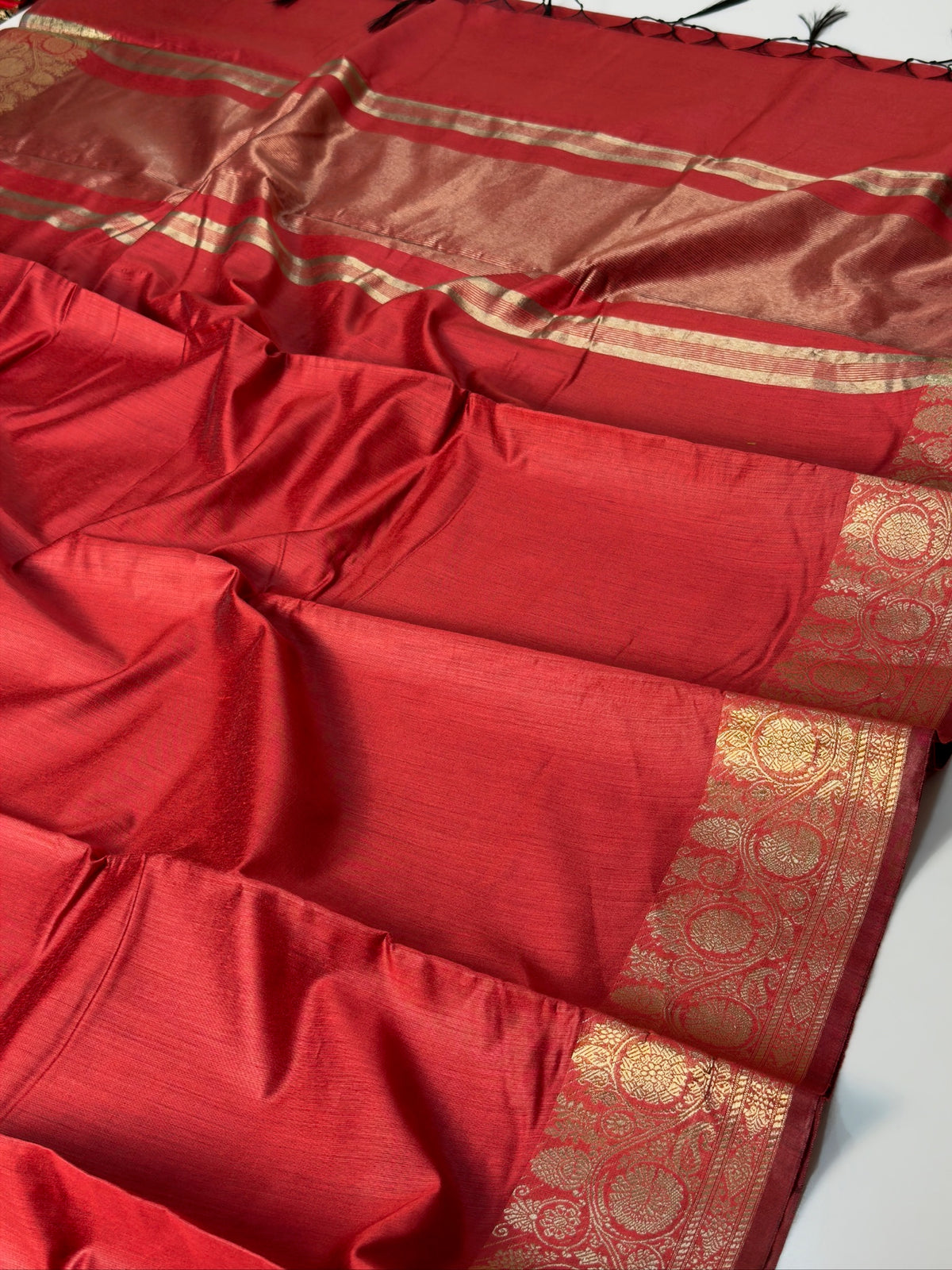Brick Red Chanderi Cotton Silk Saree with Zari Border
