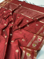 Brick Red Chanderi Cotton Silk Meenkari Saree with Striped Border