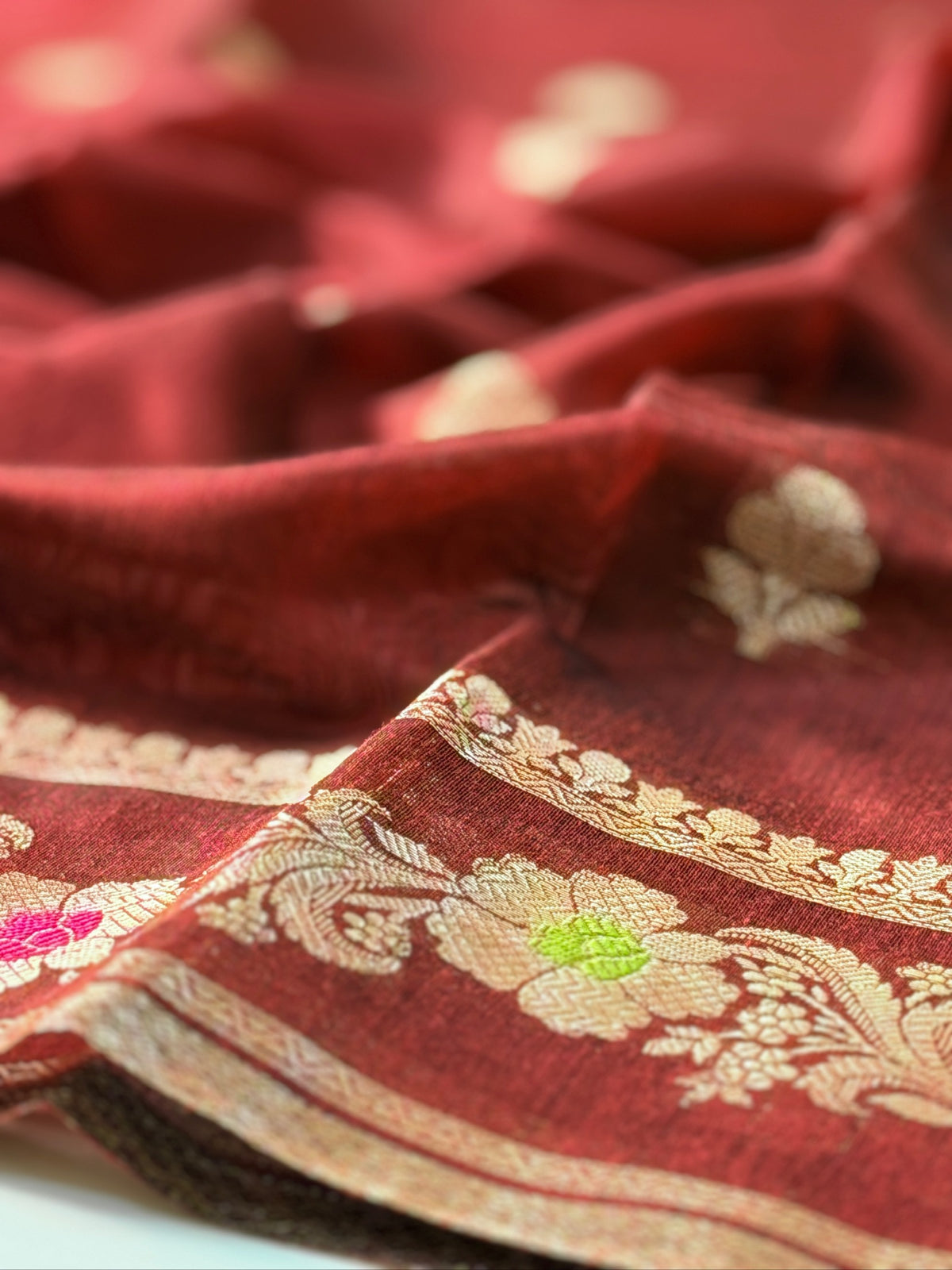 Brick Red Chanderi Cotton Silk Meenkari Saree with Striped Border