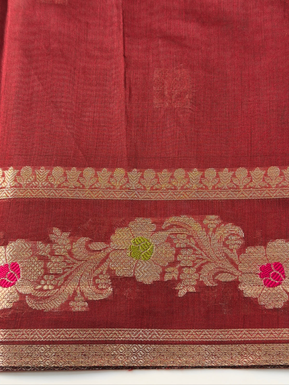 Brick Red Chanderi Cotton Silk Meenkari Saree with Striped Border