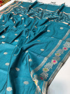 Teal Blue Chanderi Cotton Silk Meenkari Saree with Striped Border
