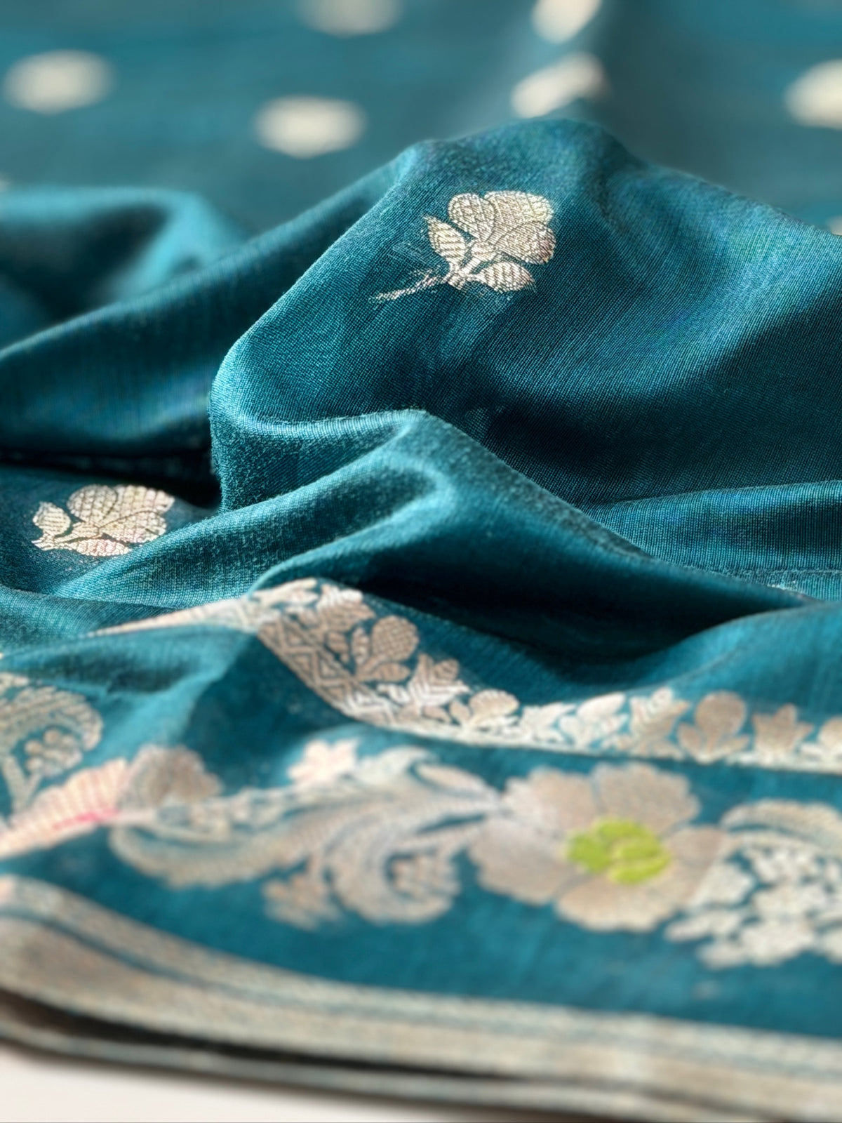 Teal Blue Chanderi Cotton Silk Meenkari Saree with Striped Border