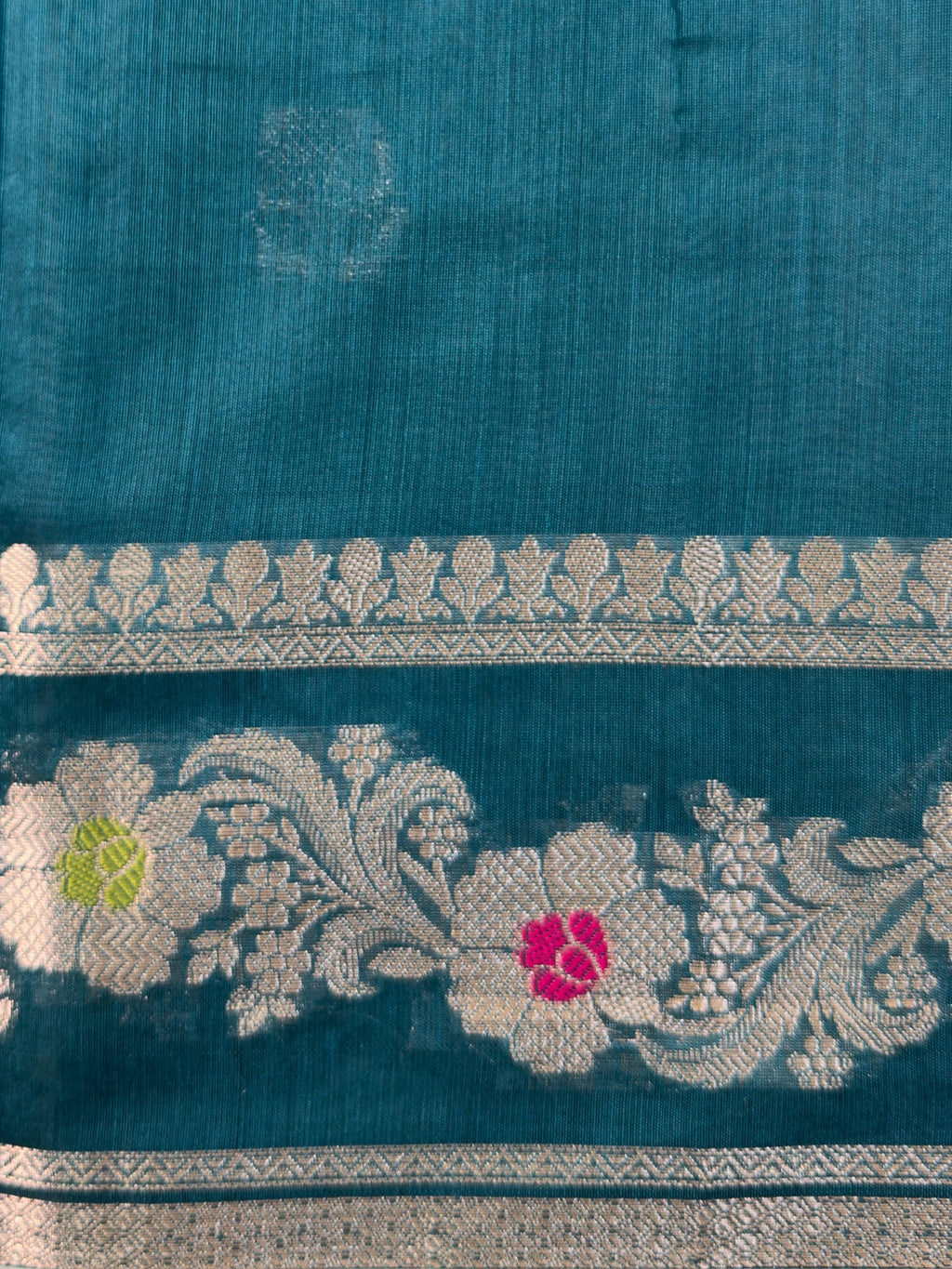Teal Blue Chanderi Cotton Silk Meenkari Saree with Striped Border