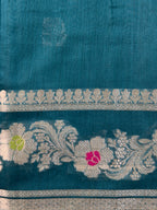 Teal Blue Chanderi Cotton Silk Meenkari Saree with Striped Border