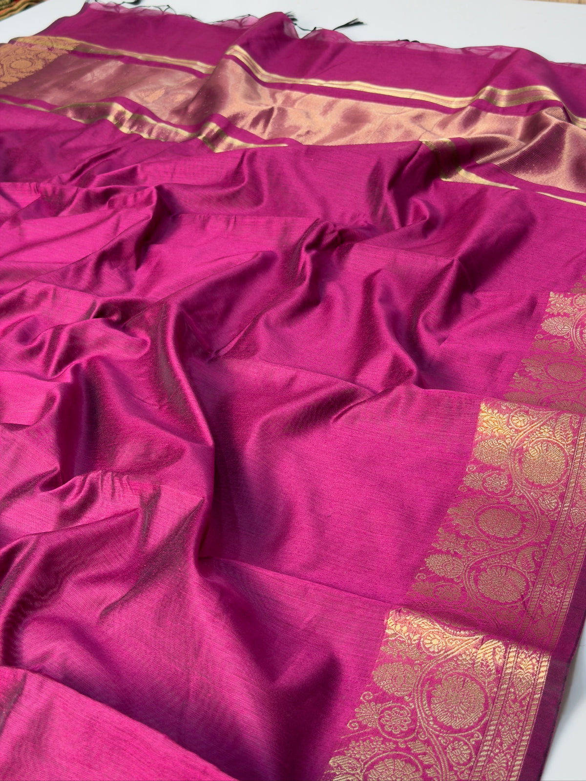 Rani Pink Chanderi Cotton Silk Saree with Zari Border