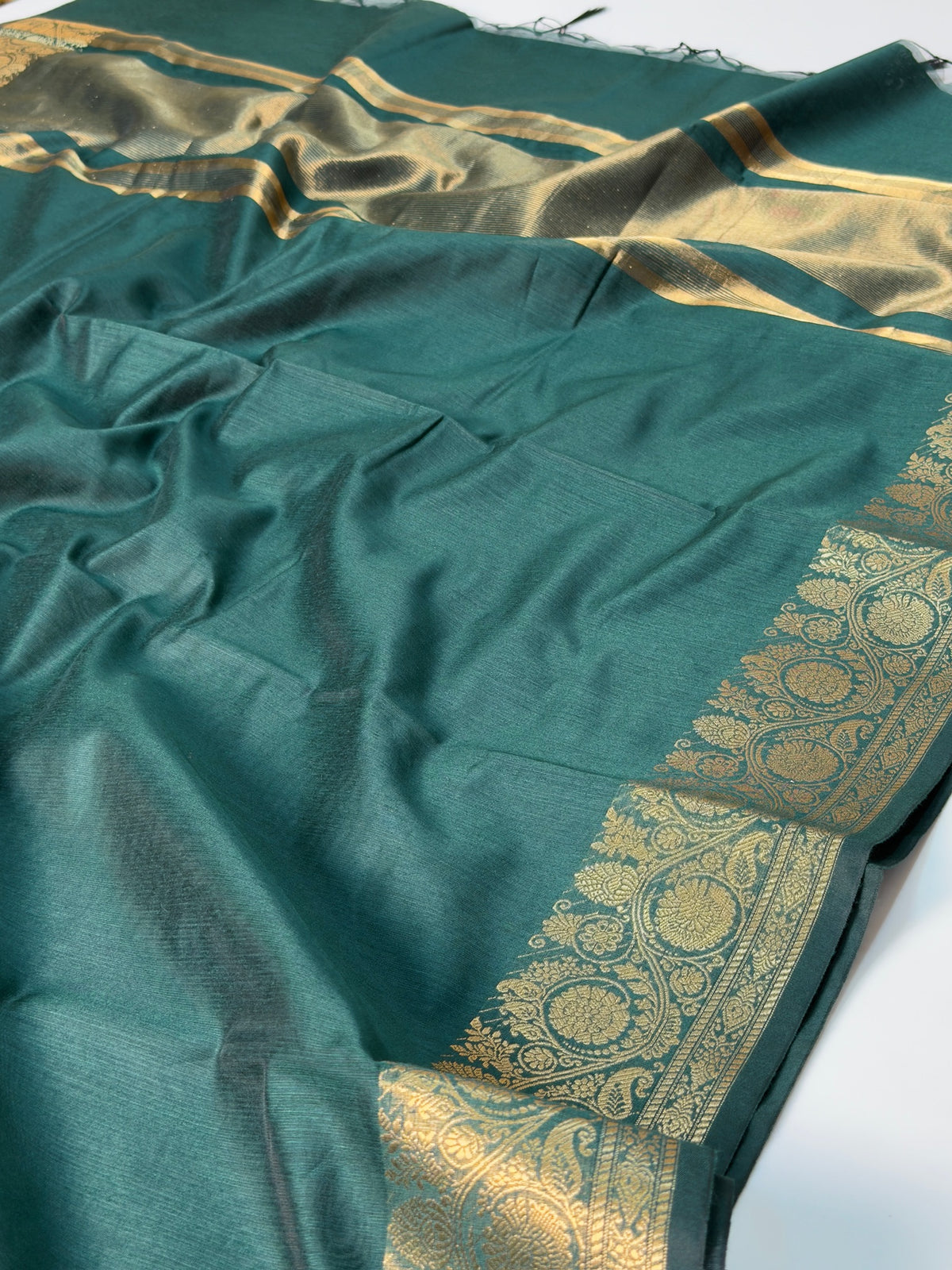 Deep Teal Chanderi Cotton Silk Saree with Zari Border