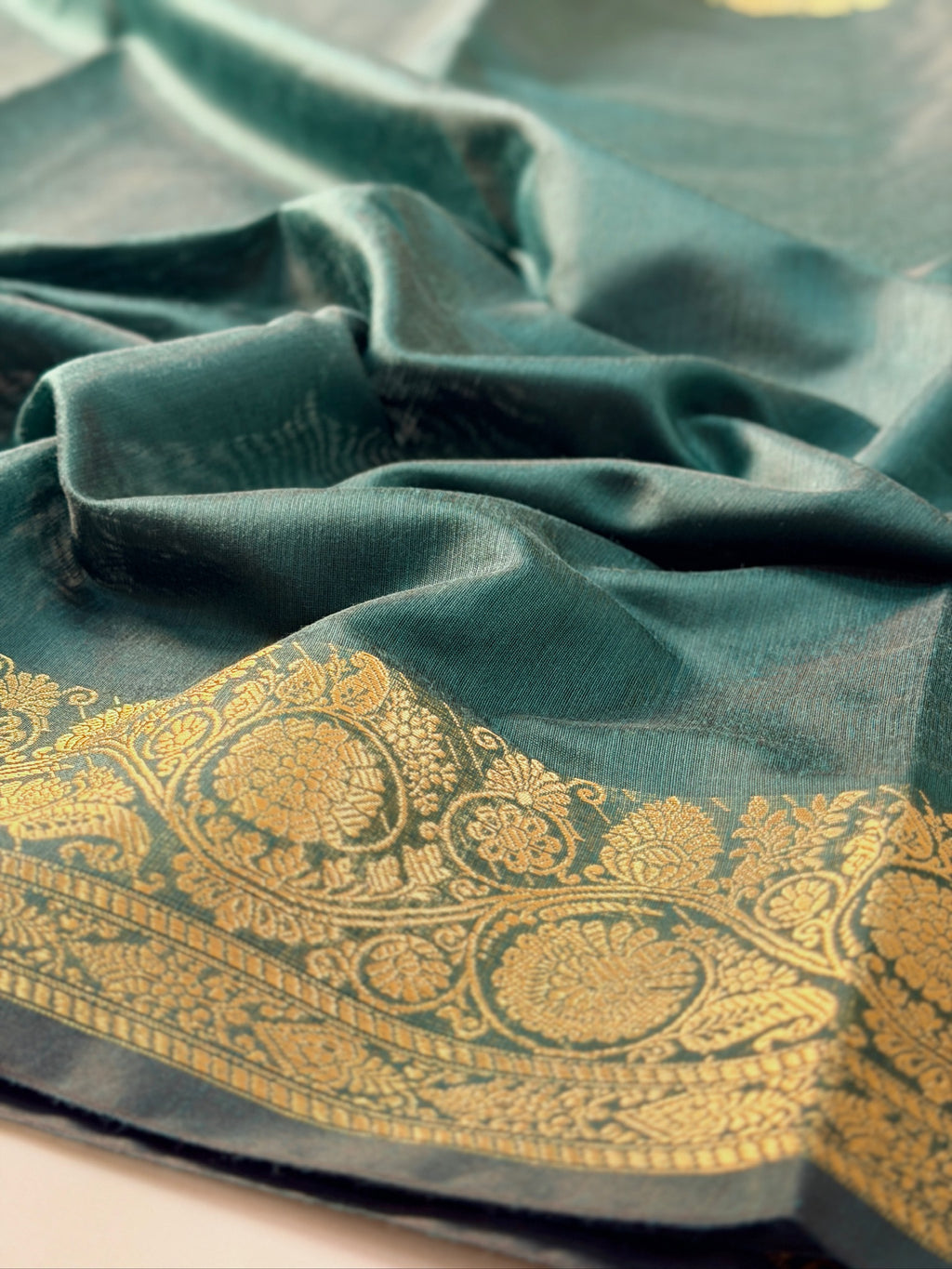 Deep Teal Chanderi Cotton Silk Saree with Zari Border