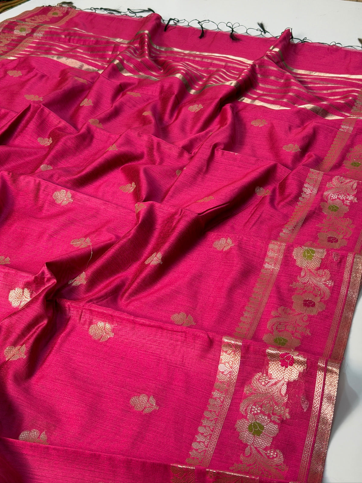 Rani Pink Chanderi Cotton Silk Meenkari Saree with Striped Border