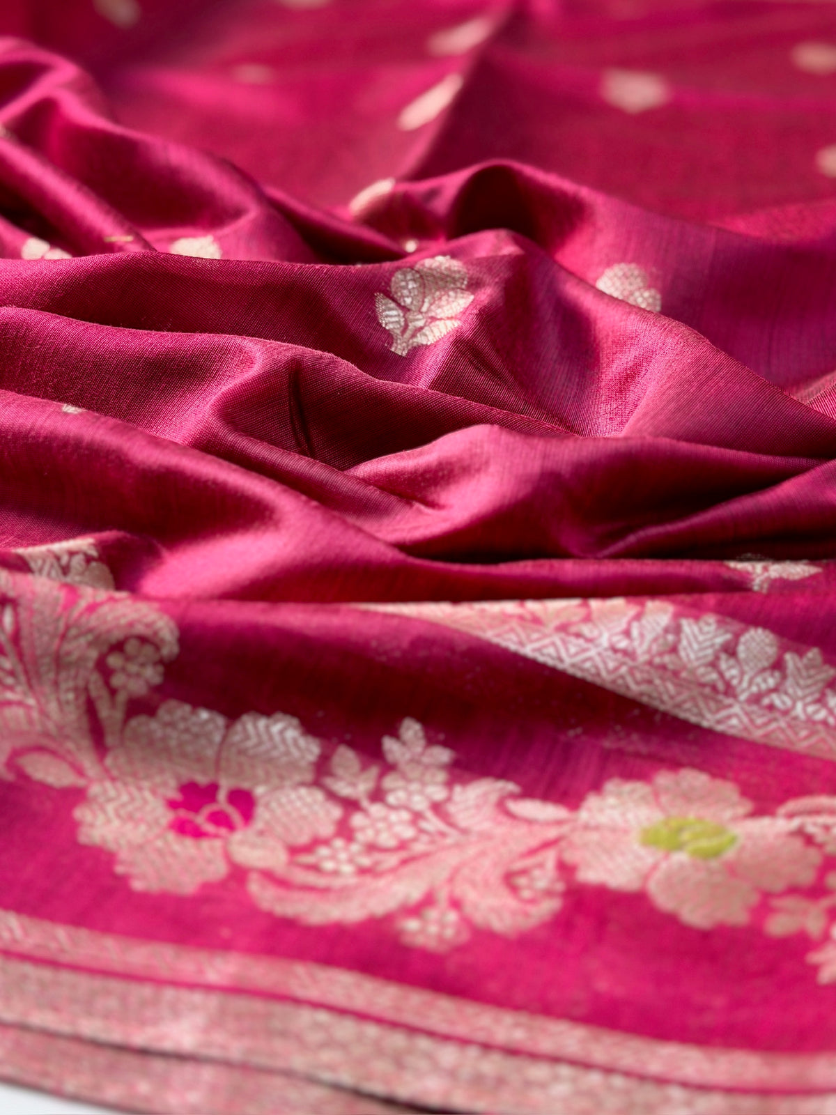 Rani Pink Chanderi Cotton Silk Meenkari Saree with Striped Border