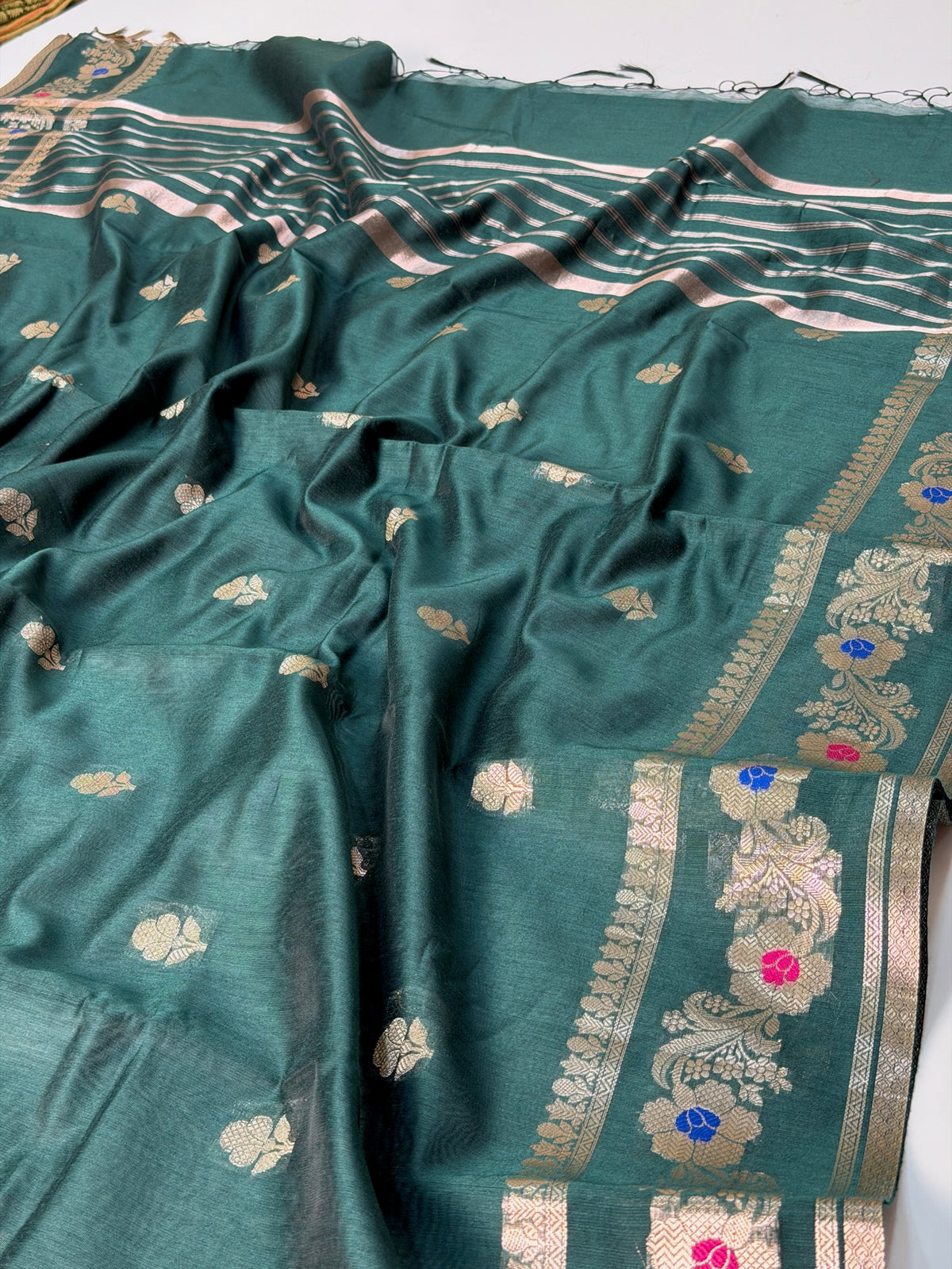 Deep Teal Green Chanderi Cotton Silk Meenkari Saree with Striped Border