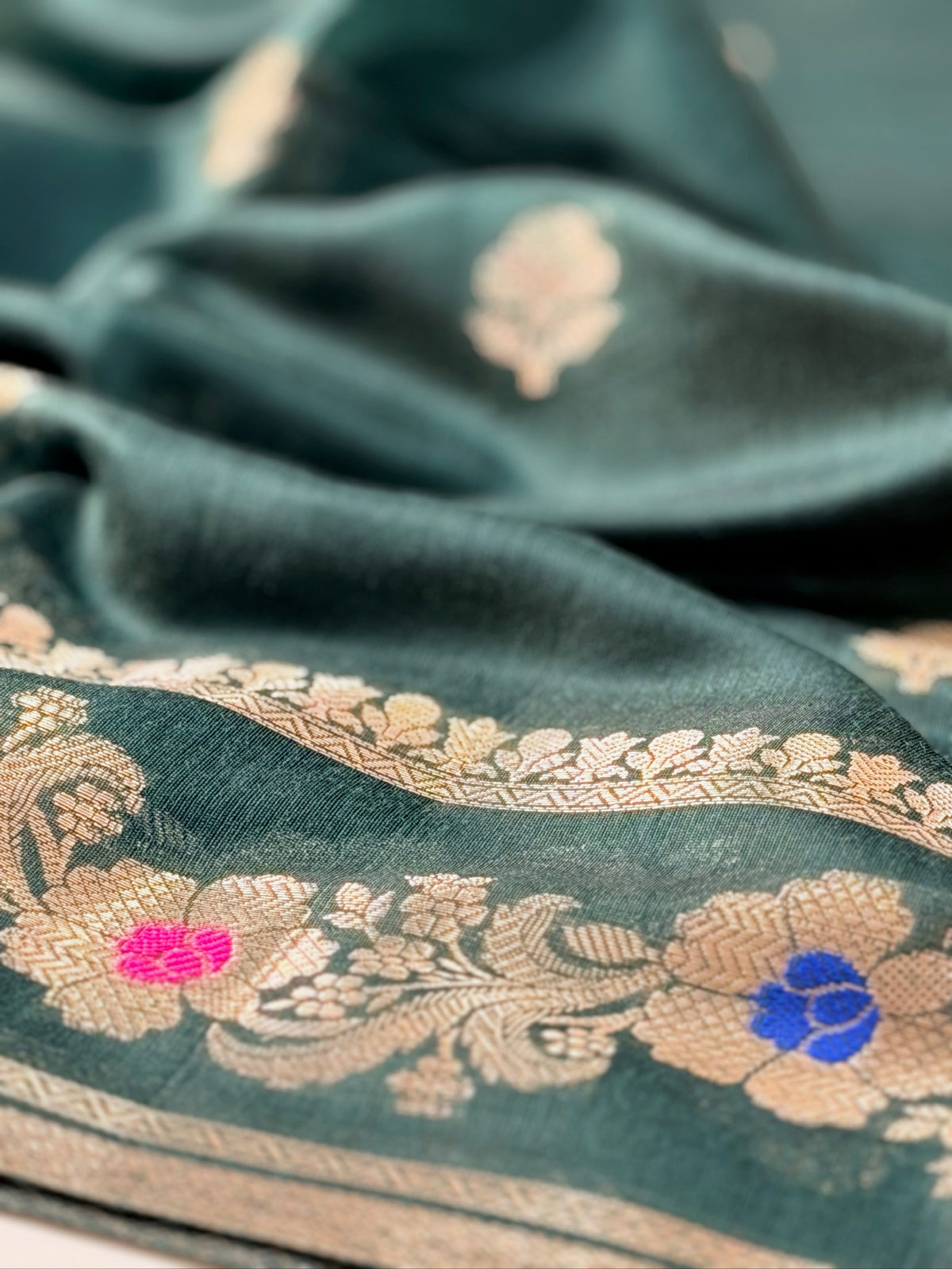 Deep Teal Green Chanderi Cotton Silk Meenkari Saree with Striped Border