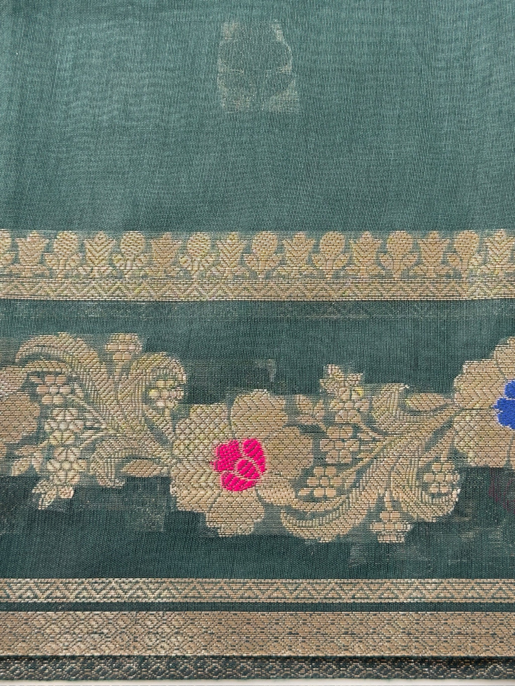 Deep Teal Green Chanderi Cotton Silk Meenkari Saree with Striped Border