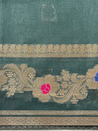 Deep Teal Green Chanderi Cotton Silk Meenkari Saree with Striped Border
