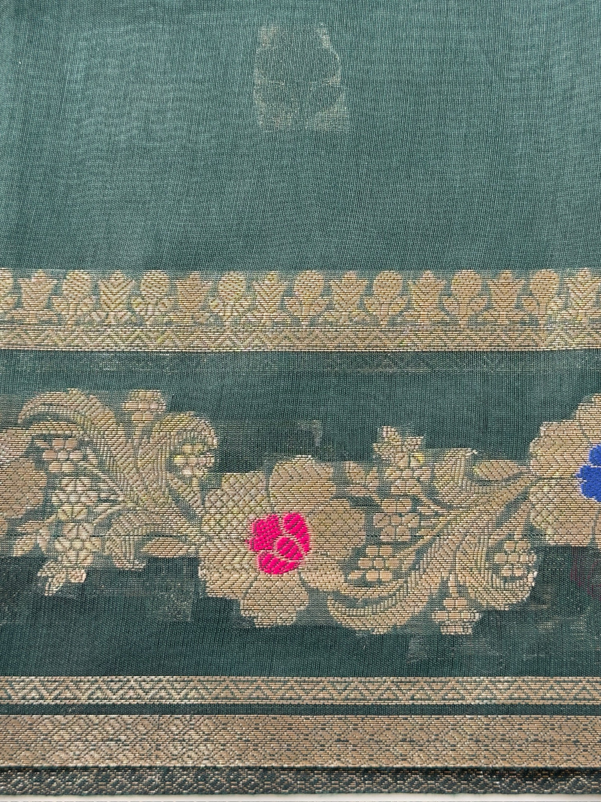 Deep Teal Green Chanderi Cotton Silk Meenkari Saree with Striped Border