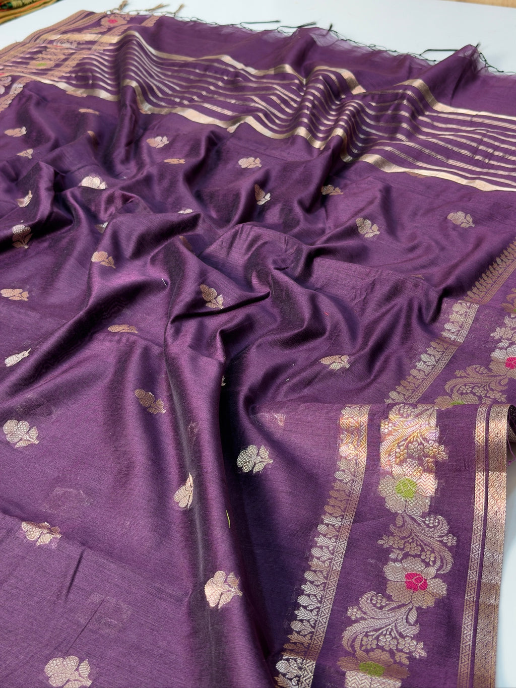 Deep Plum Purple Chanderi Cotton Silk Meenkari Saree with Striped Border