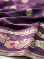 Deep Plum Purple Chanderi Cotton Silk Meenkari Saree with Striped Border