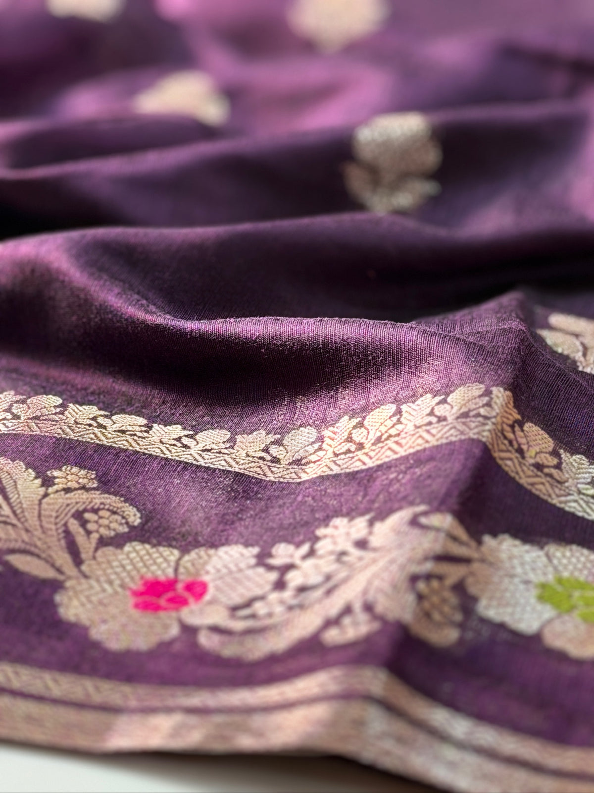 Deep Plum Purple Chanderi Cotton Silk Meenkari Saree with Striped Border