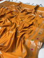 Mustard Orange Chanderi Cotton Silk Meenkari Saree with Striped Border