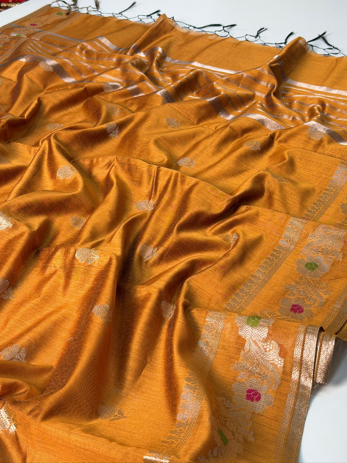 Mustard Orange Chanderi Cotton Silk Meenkari Saree with Striped Border