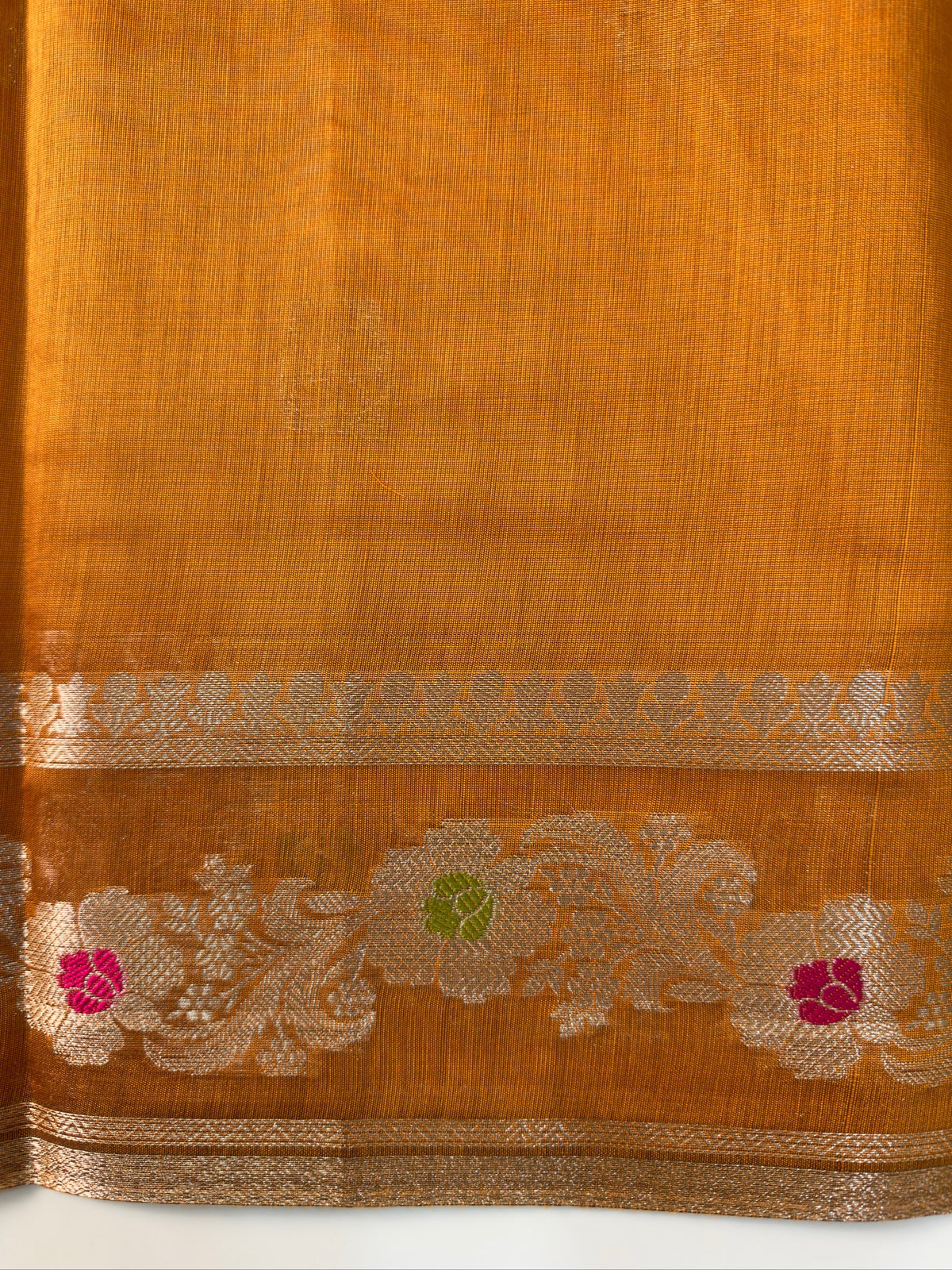 Mustard Orange Chanderi Cotton Silk Meenkari Saree with Striped Border