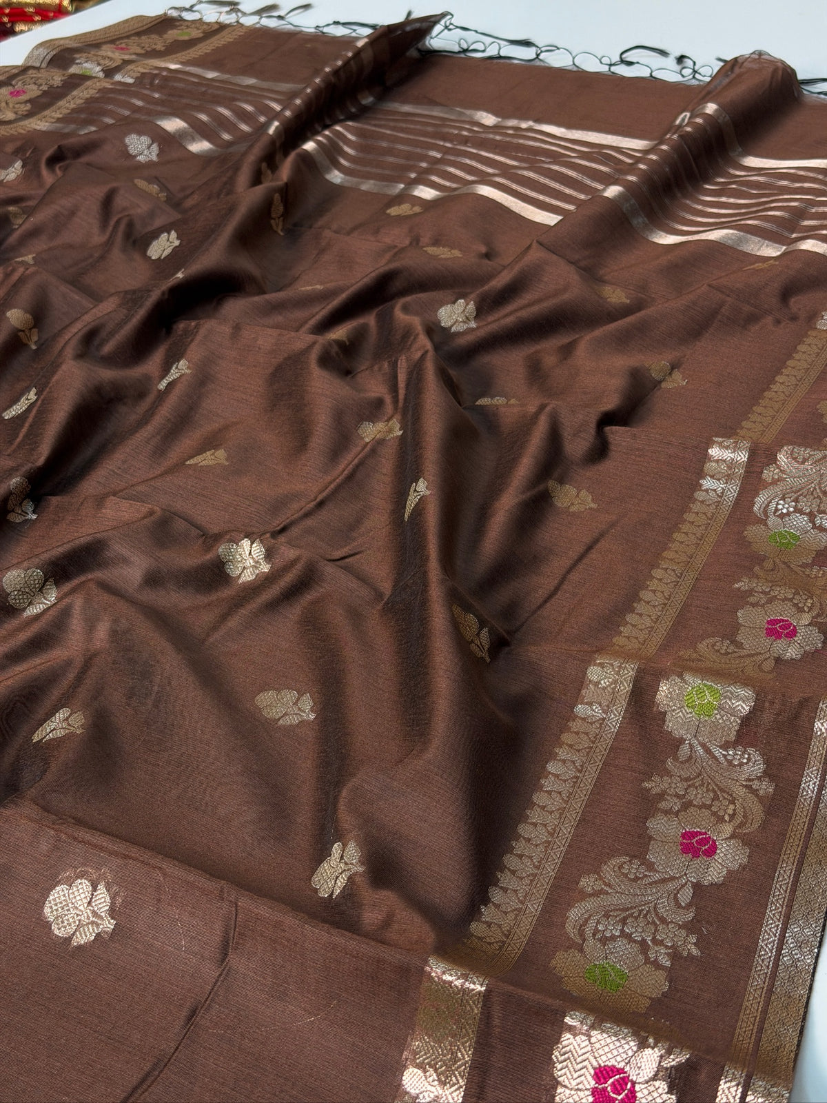 Cocoa Brown Chanderi Cotton Silk Meenkari Saree