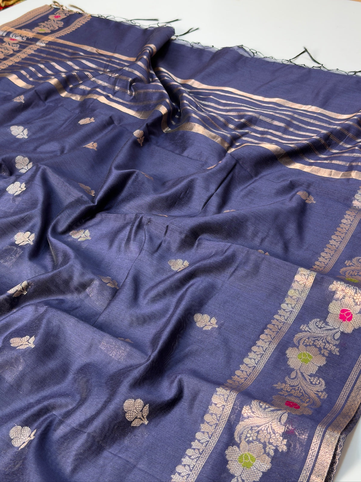 Midnight Blue Chanderi Cotton Silk Meenkari Saree with Striped Border