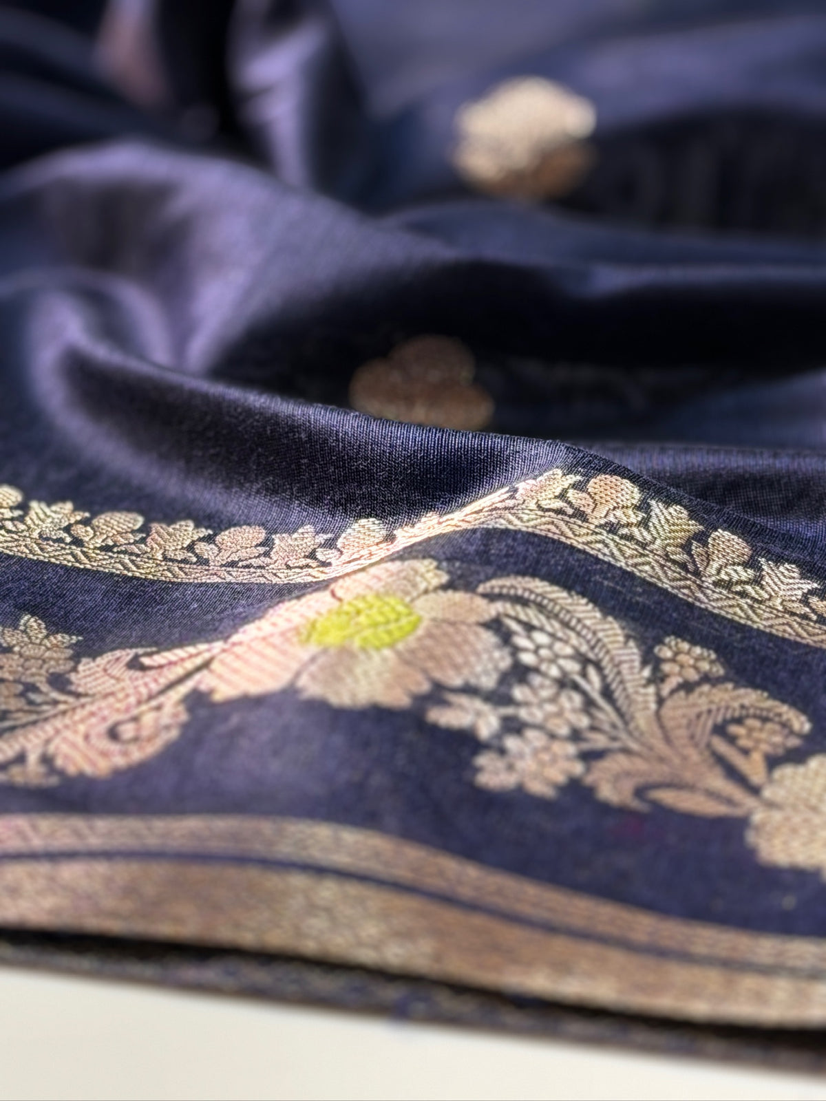 Midnight Blue Chanderi Cotton Silk Meenkari Saree with Striped Border