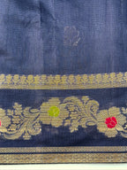 Midnight Blue Chanderi Cotton Silk Meenkari Saree with Striped Border