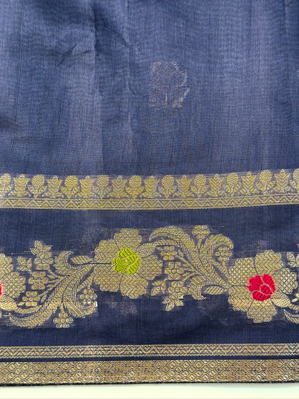 Midnight Blue Chanderi Cotton Silk Meenkari Saree with Striped Border