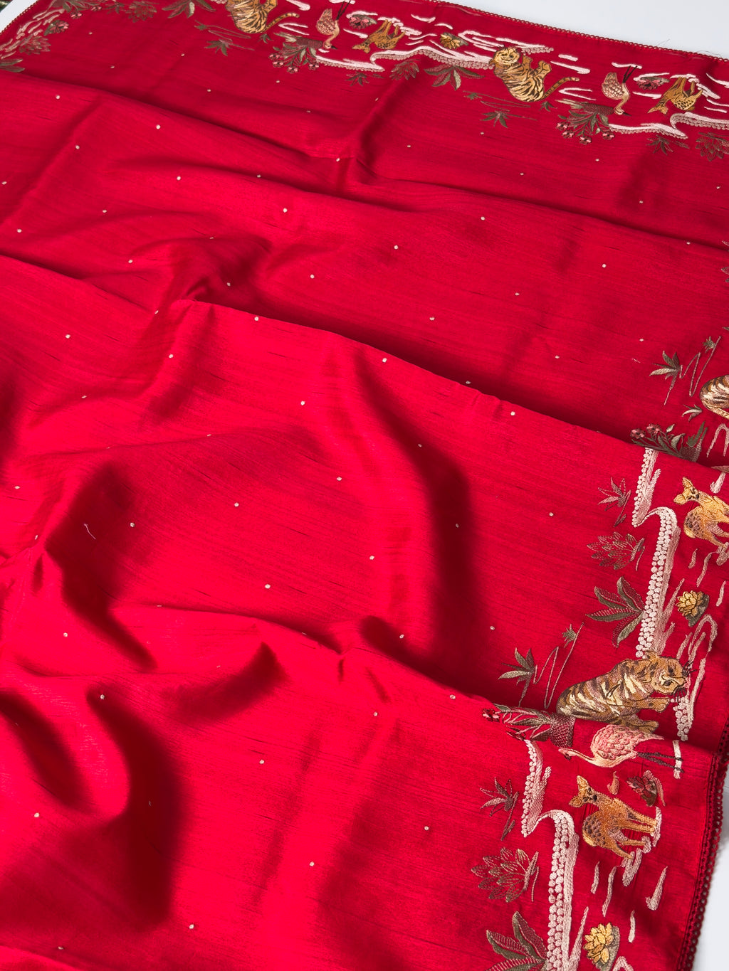 Crimson Red Moonga Tussar Silk Sabyasachi-Inspired Embroidery Saree