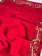 Crimson Red Moonga Tussar Silk Sabyasachi-Inspired Embroidery Saree