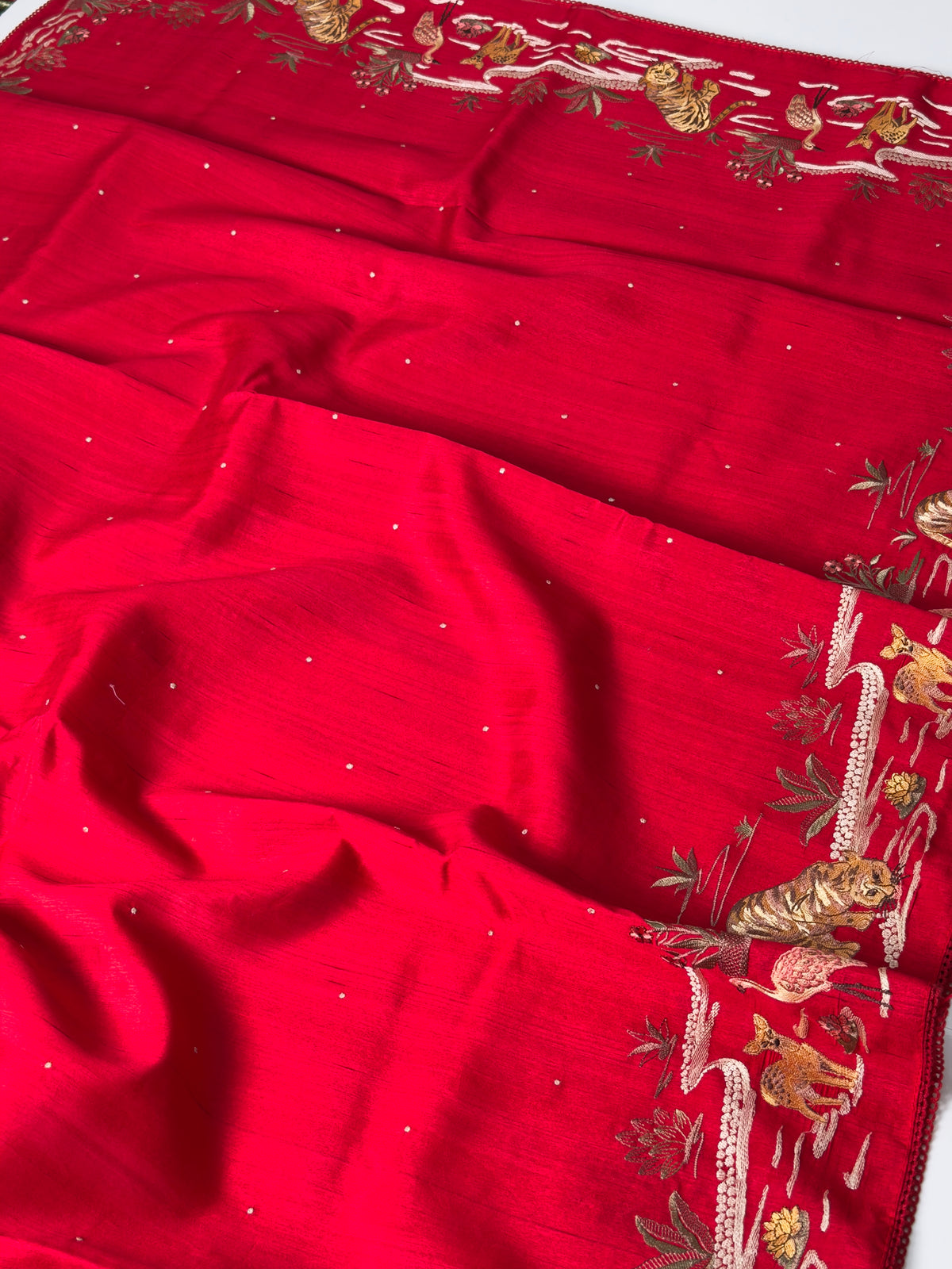 Crimson Red Moonga Tussar Silk Sabyasachi-Inspired Embroidery Saree