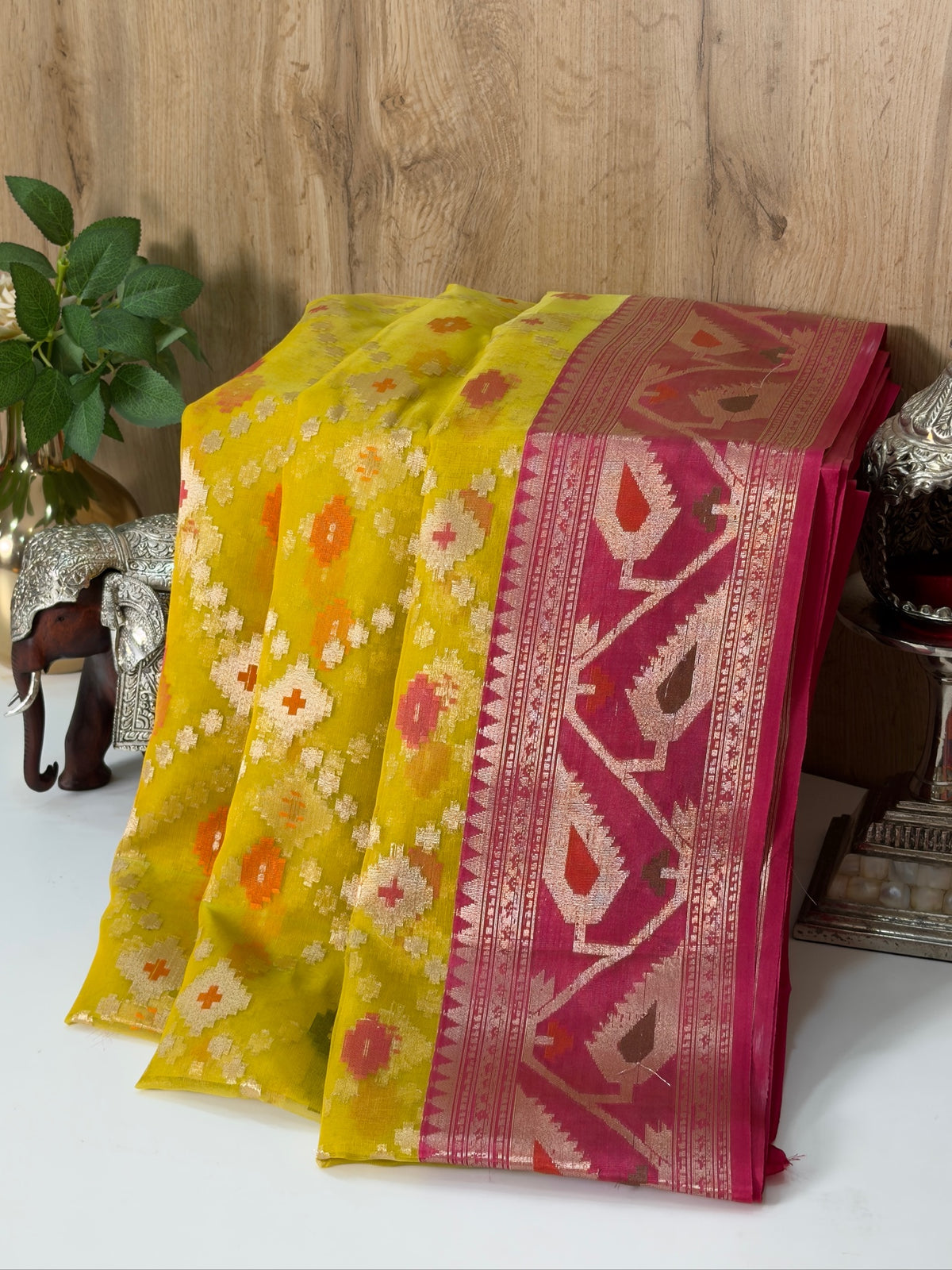 Mustard Yellow Organza Silk Patola Saree with Traditional