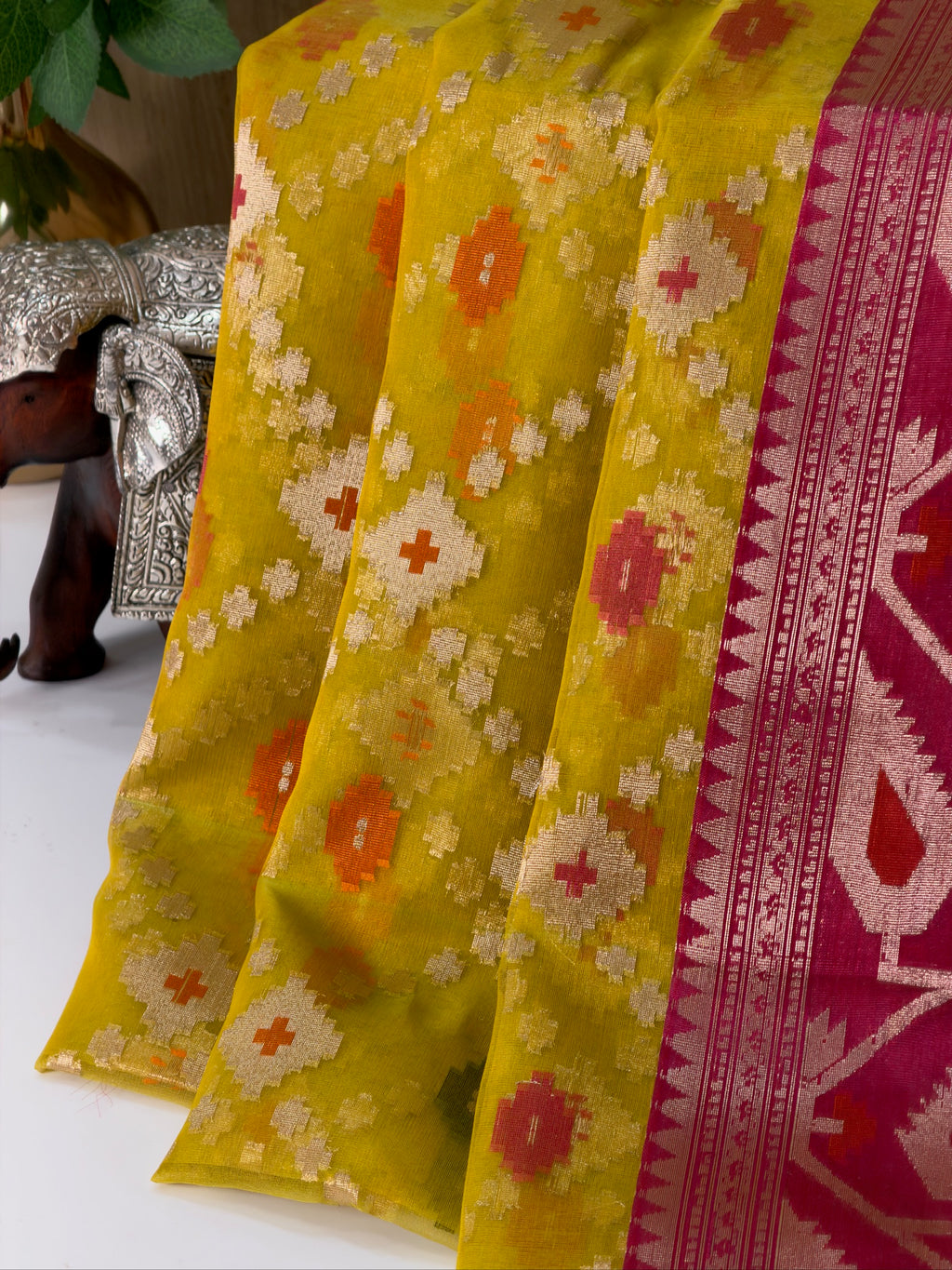 Mustard Yellow Organza Silk Patola Saree with Traditional